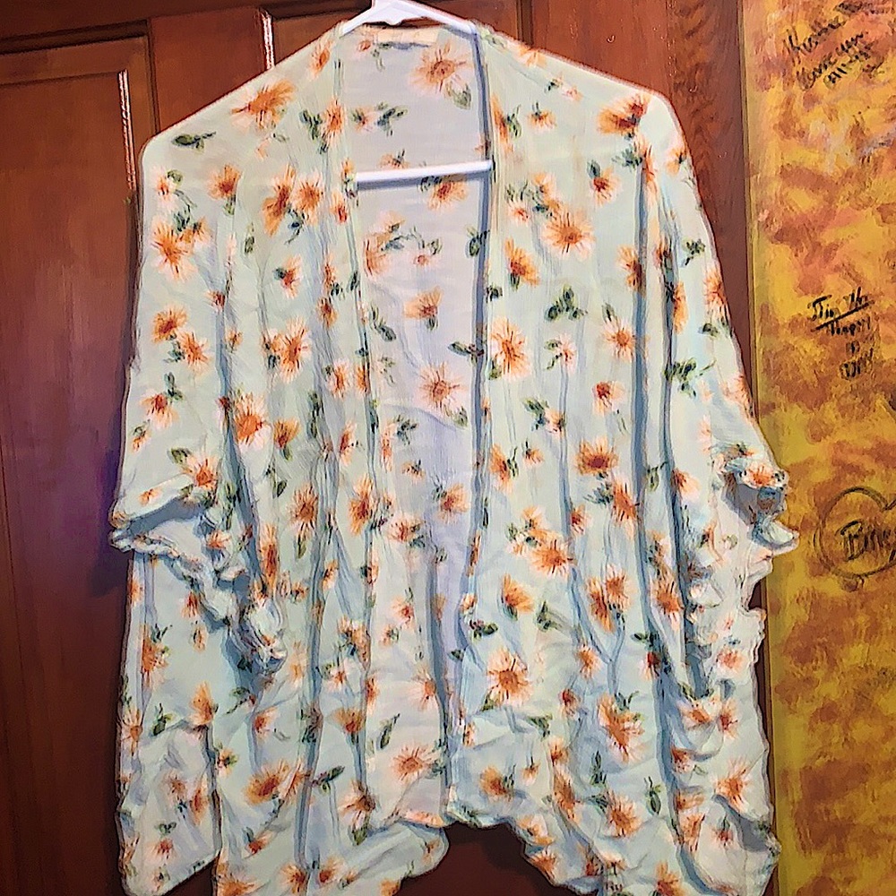 Light green w/ yellow & orange daisies short sleeve cardigan Embroidered sleeves
